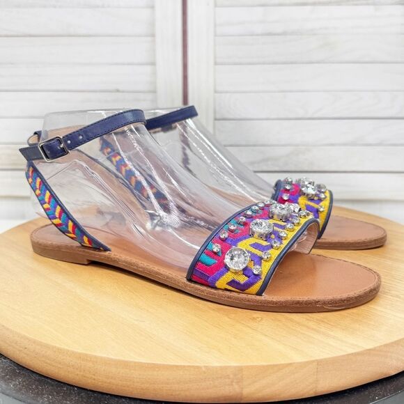 Vince Camuto Akitta Tribal Embroidered Rhinestone Ankle Strap Boho Sandals 9.5 - Picture 1 of 12